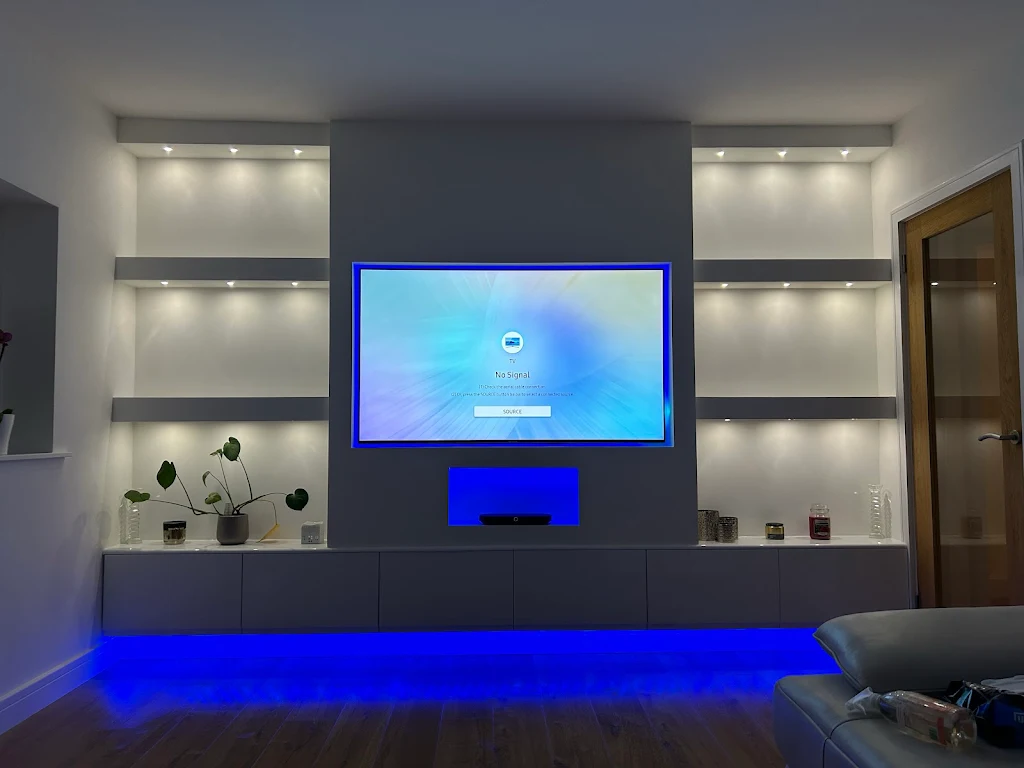 Modern living room with custom built-in entertainment wall